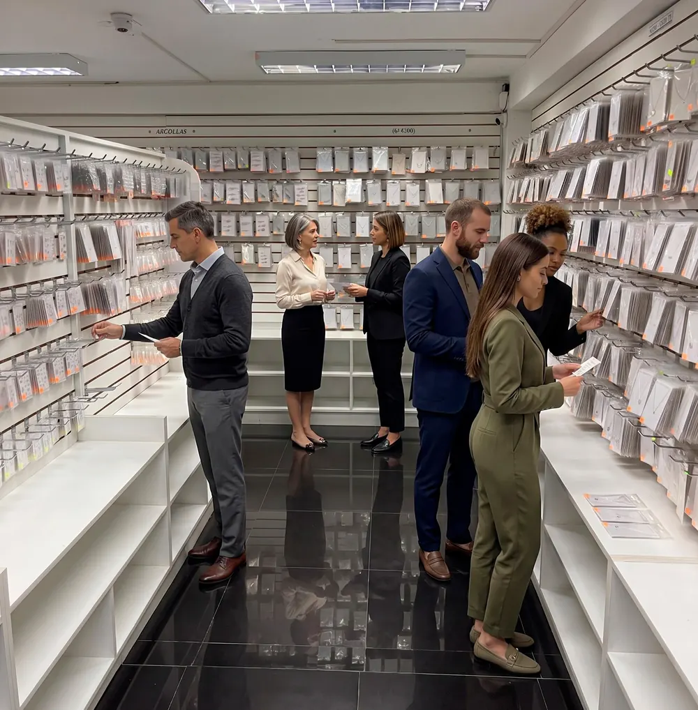 Wholesale clients browsing jewelry at a factory showroom in Lima